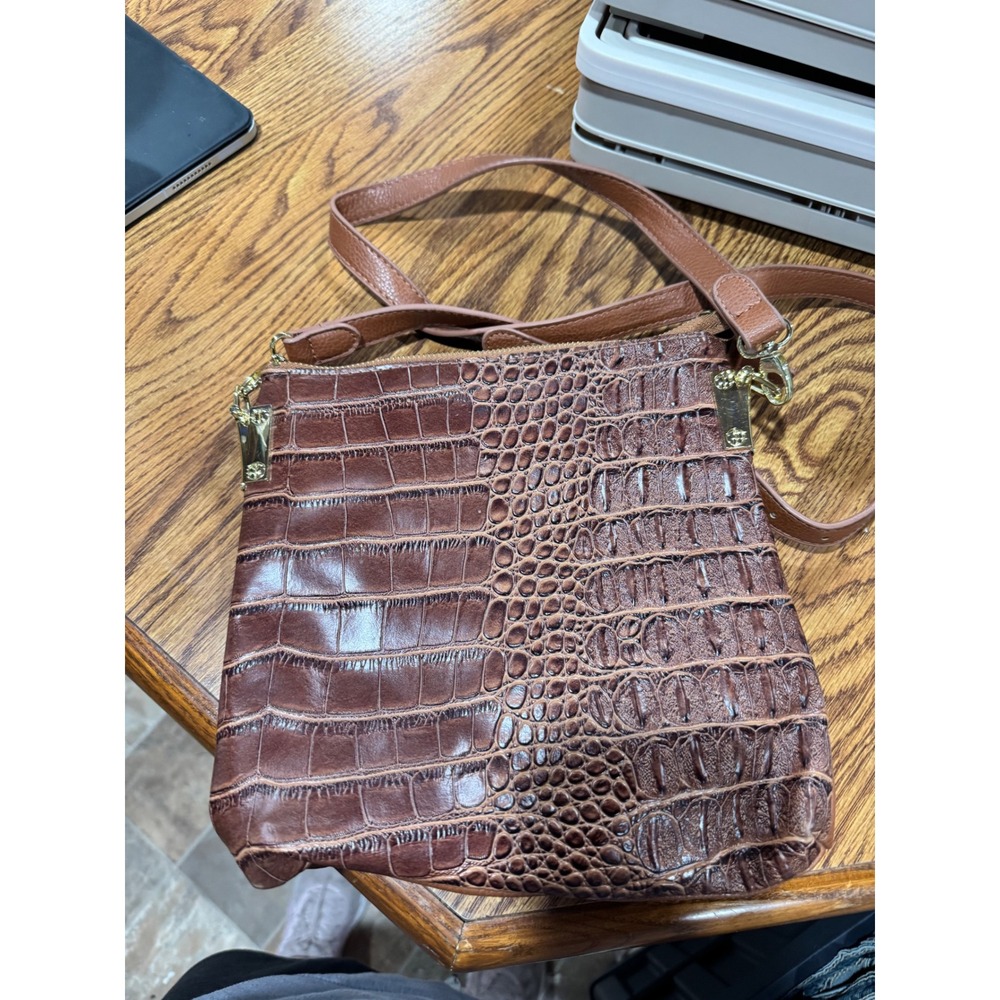 Brown Croc Embossed Faux Leather Crossbody Bag Gold Hardware Polka Dot Lining